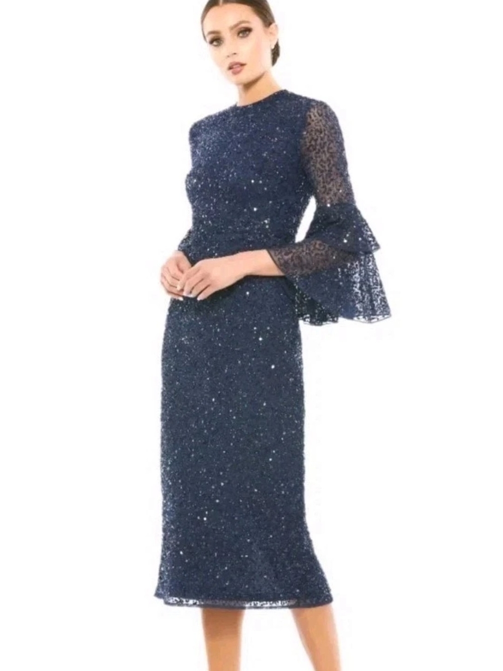 Mac Duggal 10802 Size 16 Navy Blue Sequin & Hand-Beaded Tiered Bell Sleeve Dress